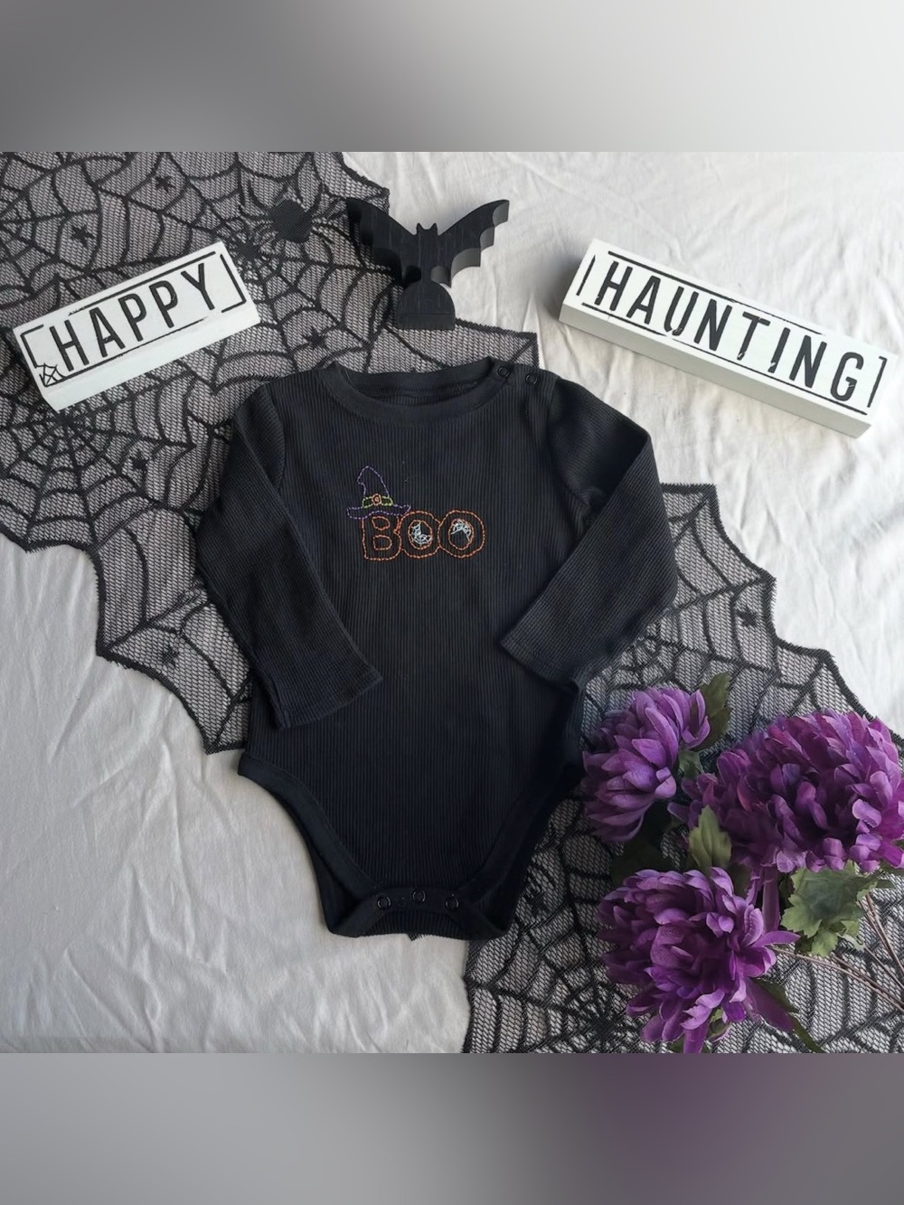Baby Halloween Onesie | Hand Embroidered Boo | Infant Fall Outfit